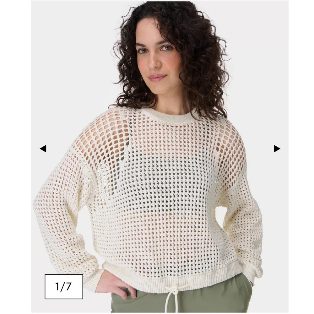 Sweaty Betty Tides High Open Weave Cream Knit Drawstring Pullover Sweater SZ XL